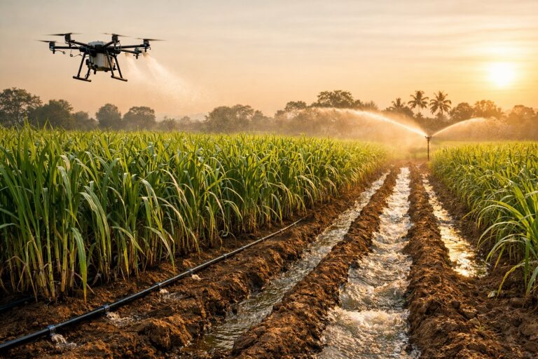 all sugarcane irrigation sysyems like field with furrow and drip system, sprinkler and drone irigation