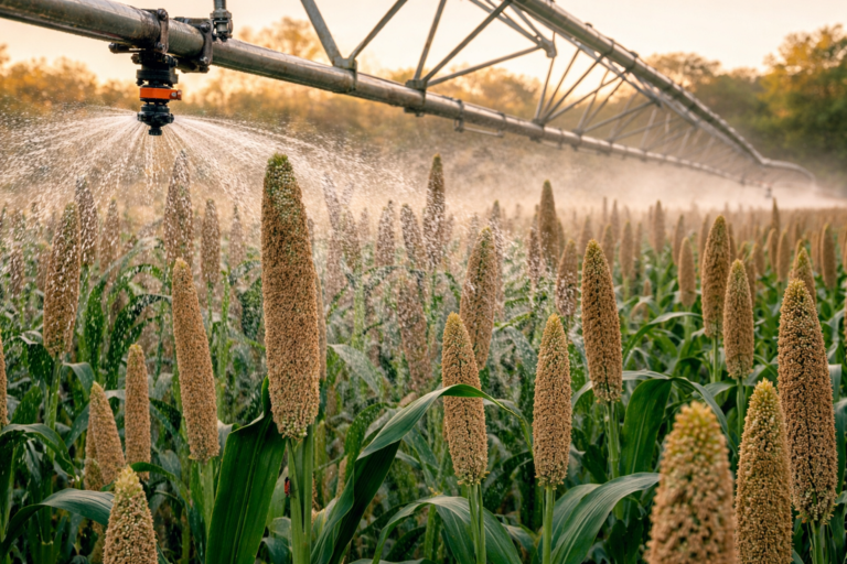 Bajra field under sprinkler irrigation during flowering stage