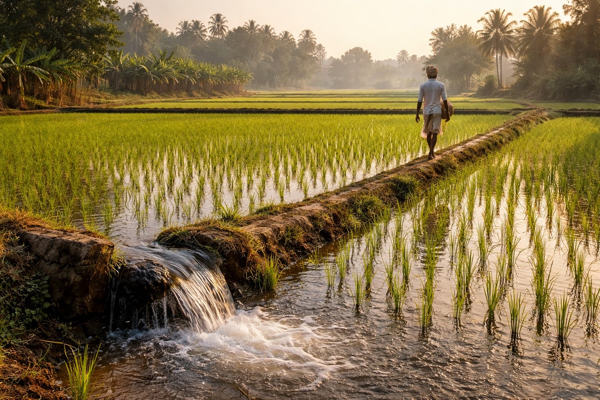 Irrigated rice paddy field with standing water