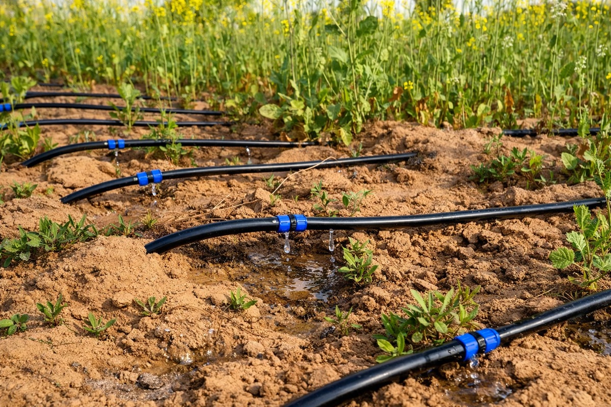 Mustard crop field receiving irrigation during flowering stage