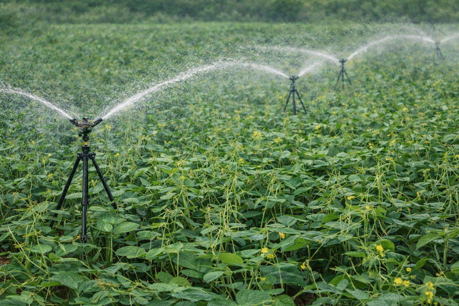 Green gram crop field receiving irrigation during flowering stage