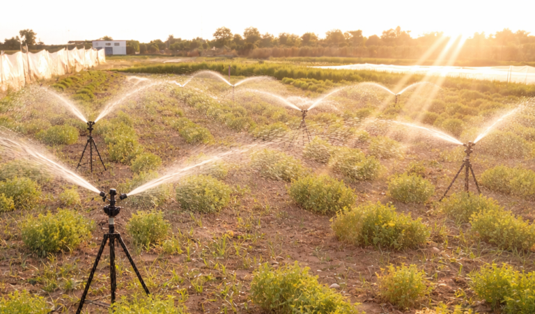 Lentil crop field receiving irrigation during flowering stage