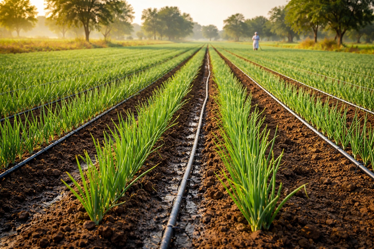 Onion field with drip irrigation system and uniform bulb growth