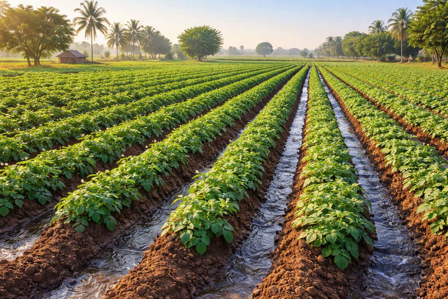 Potato field with furrow irrigation system during tuber development