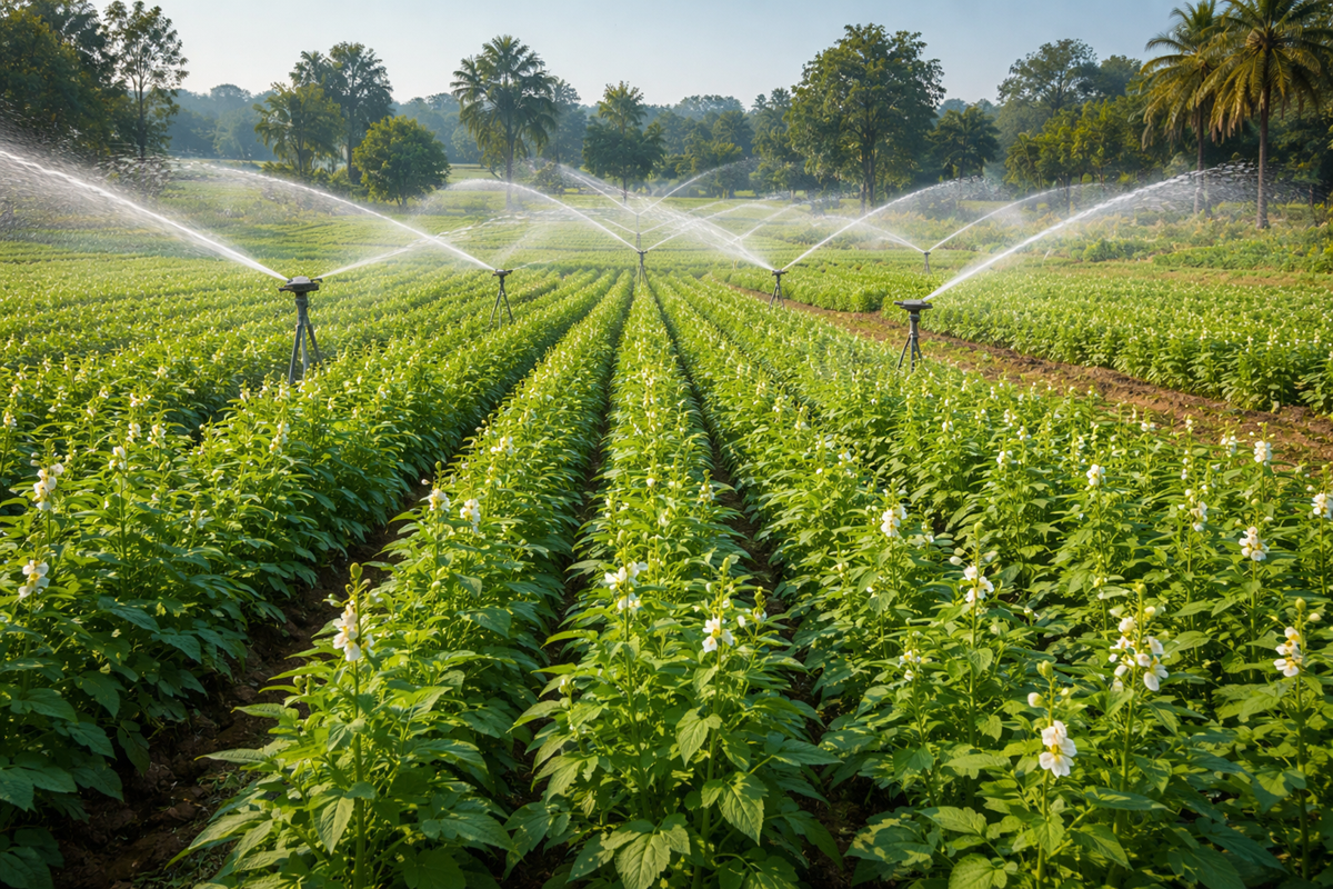 Sesame crop field receiving sprinkler irrigation during flowering stage