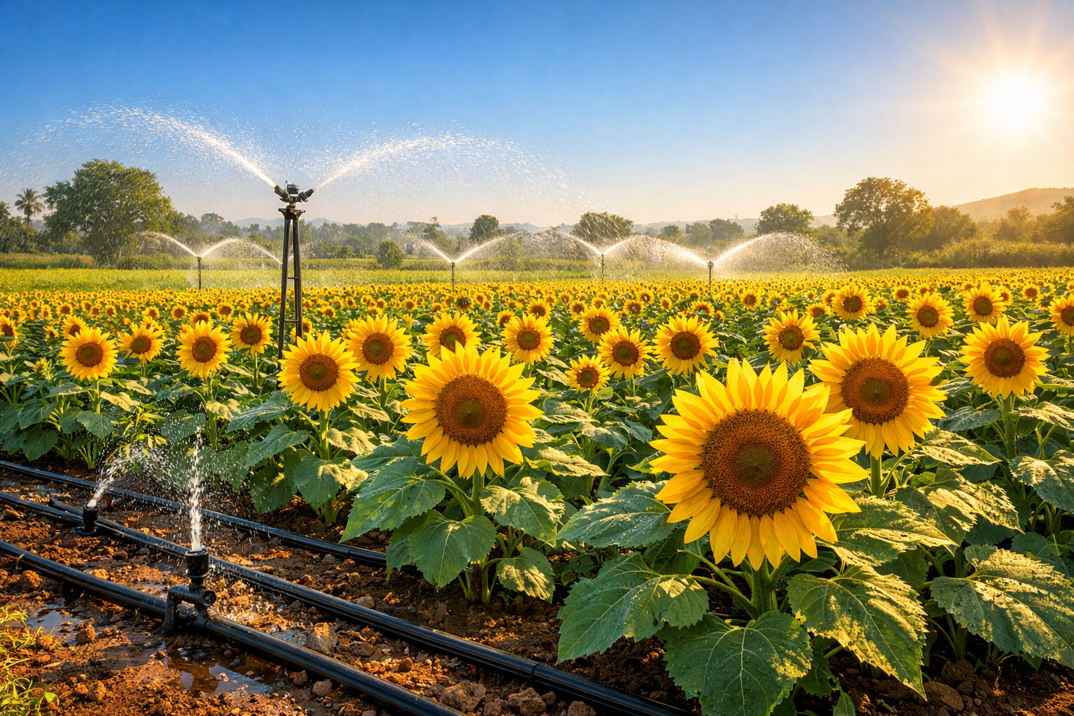 Sunflower field irrigated with sprinkler and drip irrigation systems
