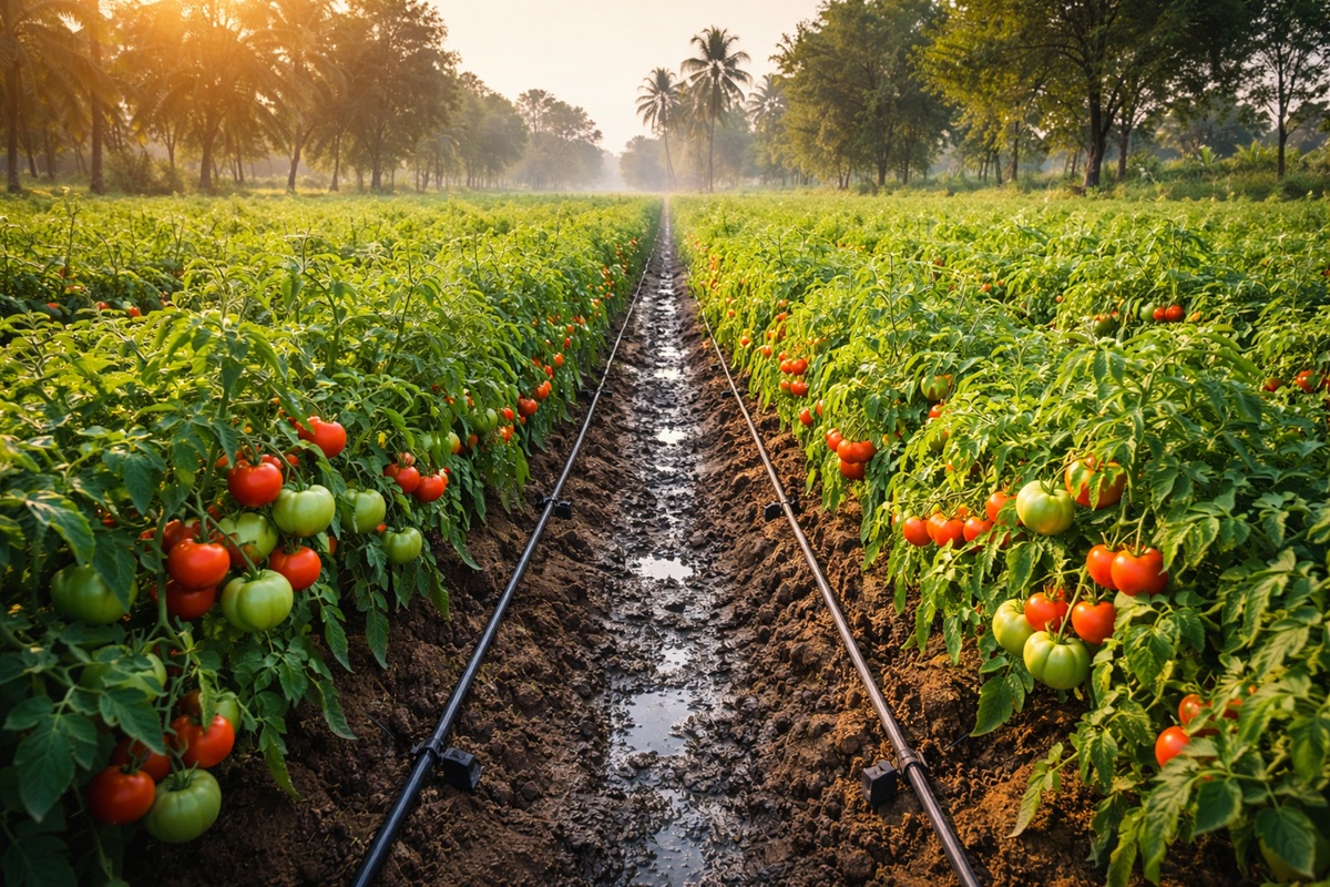 Tomato field with drip irrigation system and healthy fruit development