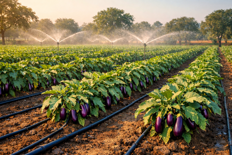 Brinjal field with drip irrigation system and healthy eggplant crops