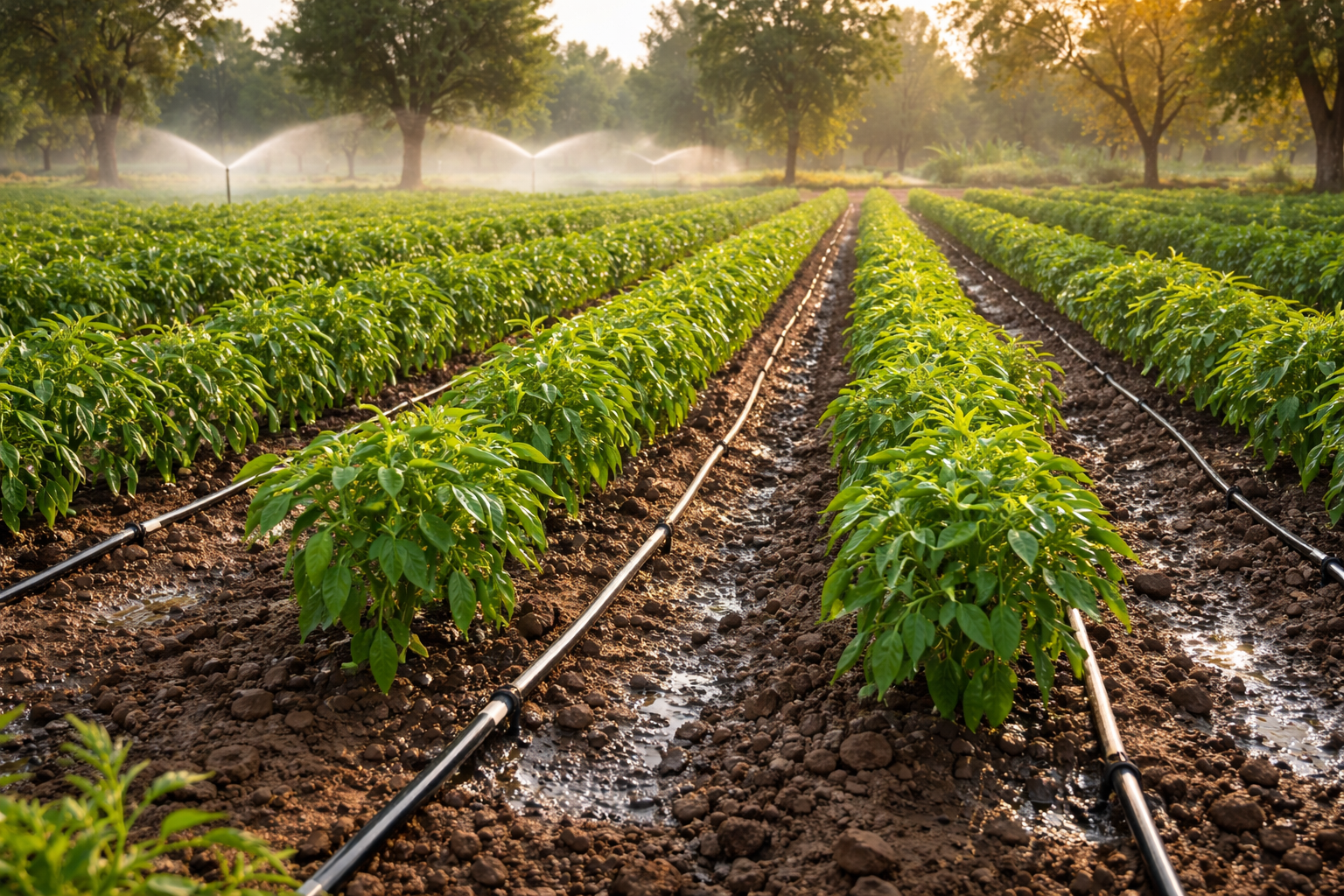 Chilli field with drip irrigation system and healthy green plants